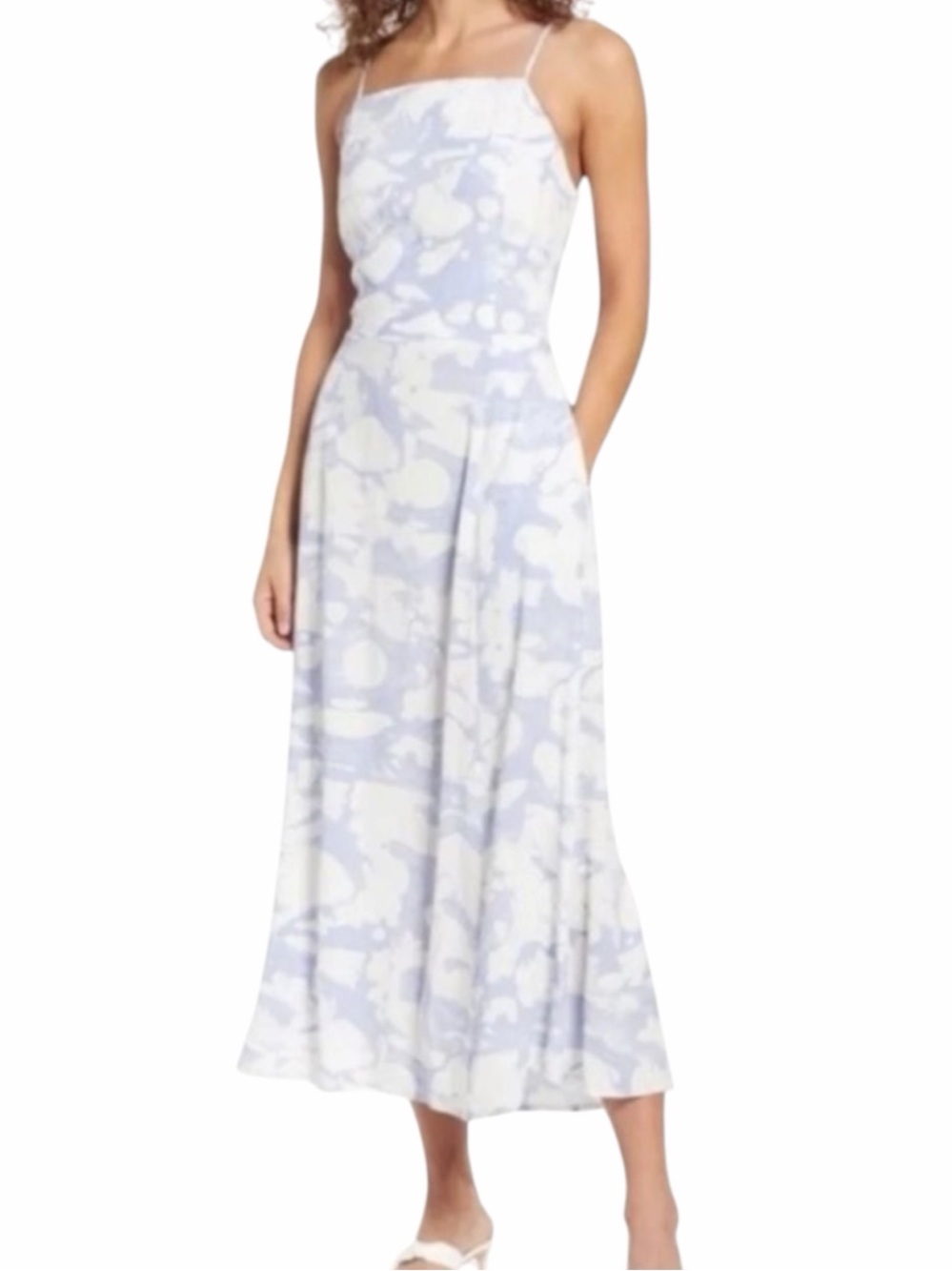 Open Edit Marble Print Open Back Midi Dress Blue & White Size M